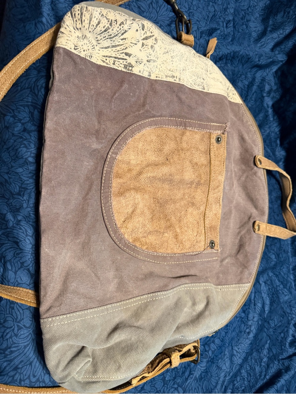 Myra Bag Taupe, Cream & Tan Canvas Suede Duffel Shoulder Bag